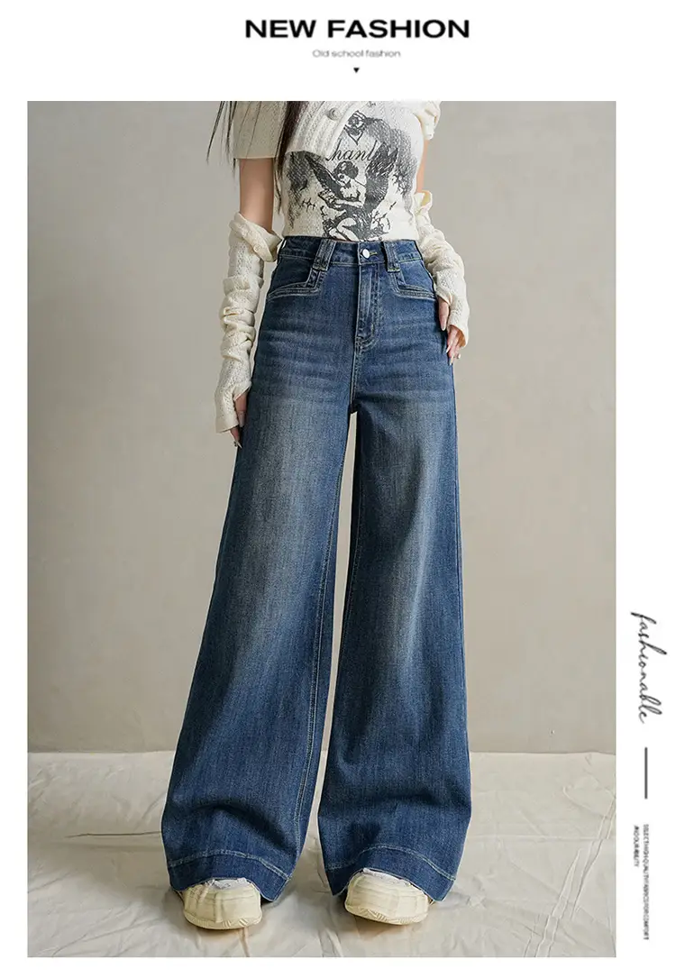 Women Dark Blue Wide Leg Jeans with Plaid Sleeves — feature 37