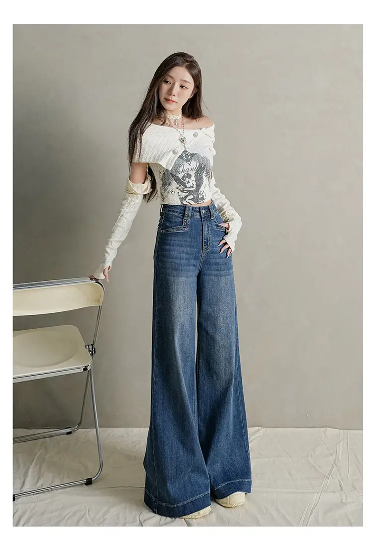 Women Dark Blue Wide Leg Jeans with Plaid Sleeves — feature 38