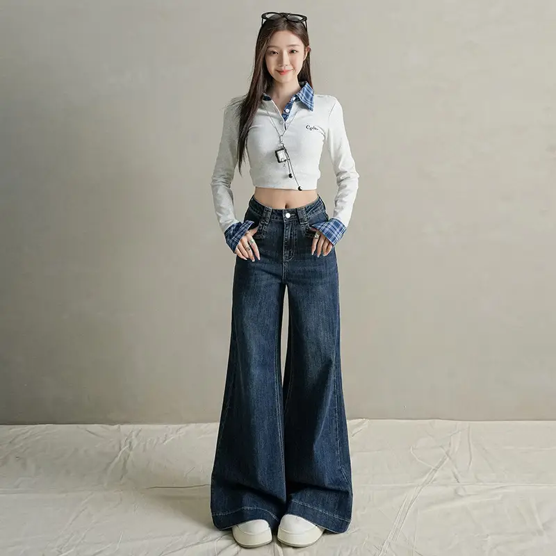 Women Dark Blue Wide Leg Jeans with Plaid Sleeves