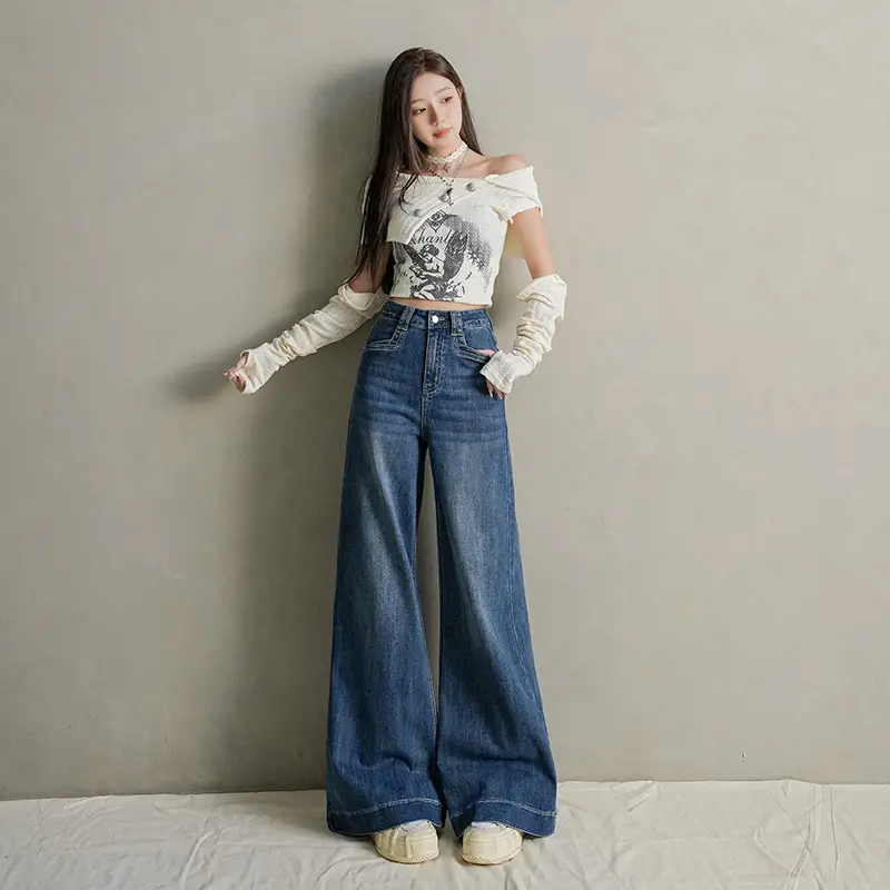 Women Dark Blue Wide Leg Jeans with Plaid Sleeves