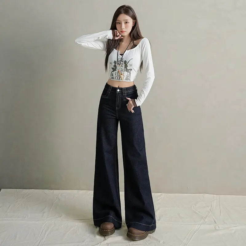 Women Dark Blue Wide Leg Jeans with Plaid Sleeves