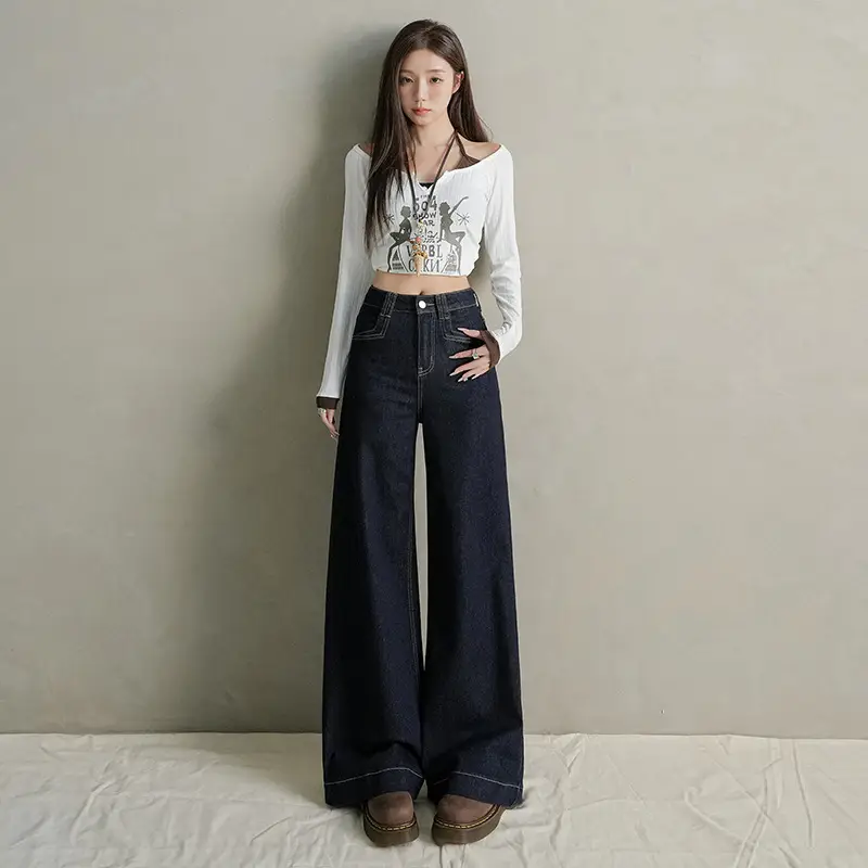 Women Dark Blue Wide Leg Jeans with Plaid Sleeves