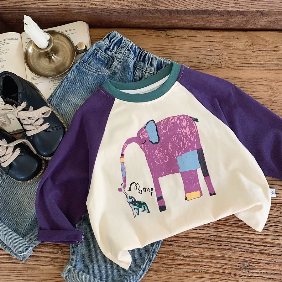 Girls Cotton Raglan Sleeve T-Shirt Purple White Graphic Print - Image 2