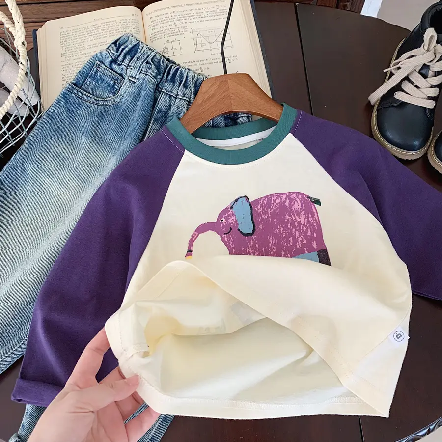 Girls Cotton Raglan Sleeve T-Shirt Purple White Graphic Print - Image 4