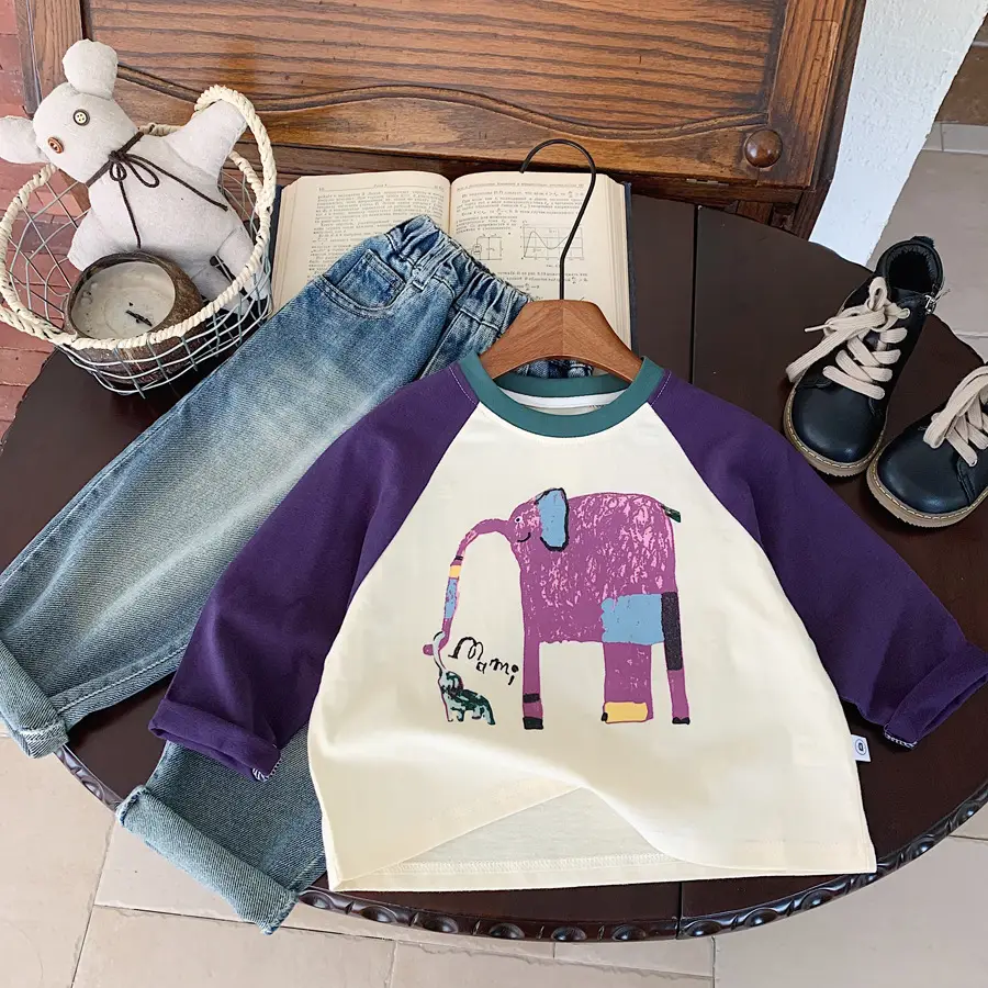 Girls Cotton Raglan Sleeve T-Shirt Purple White Graphic Print — feature 1