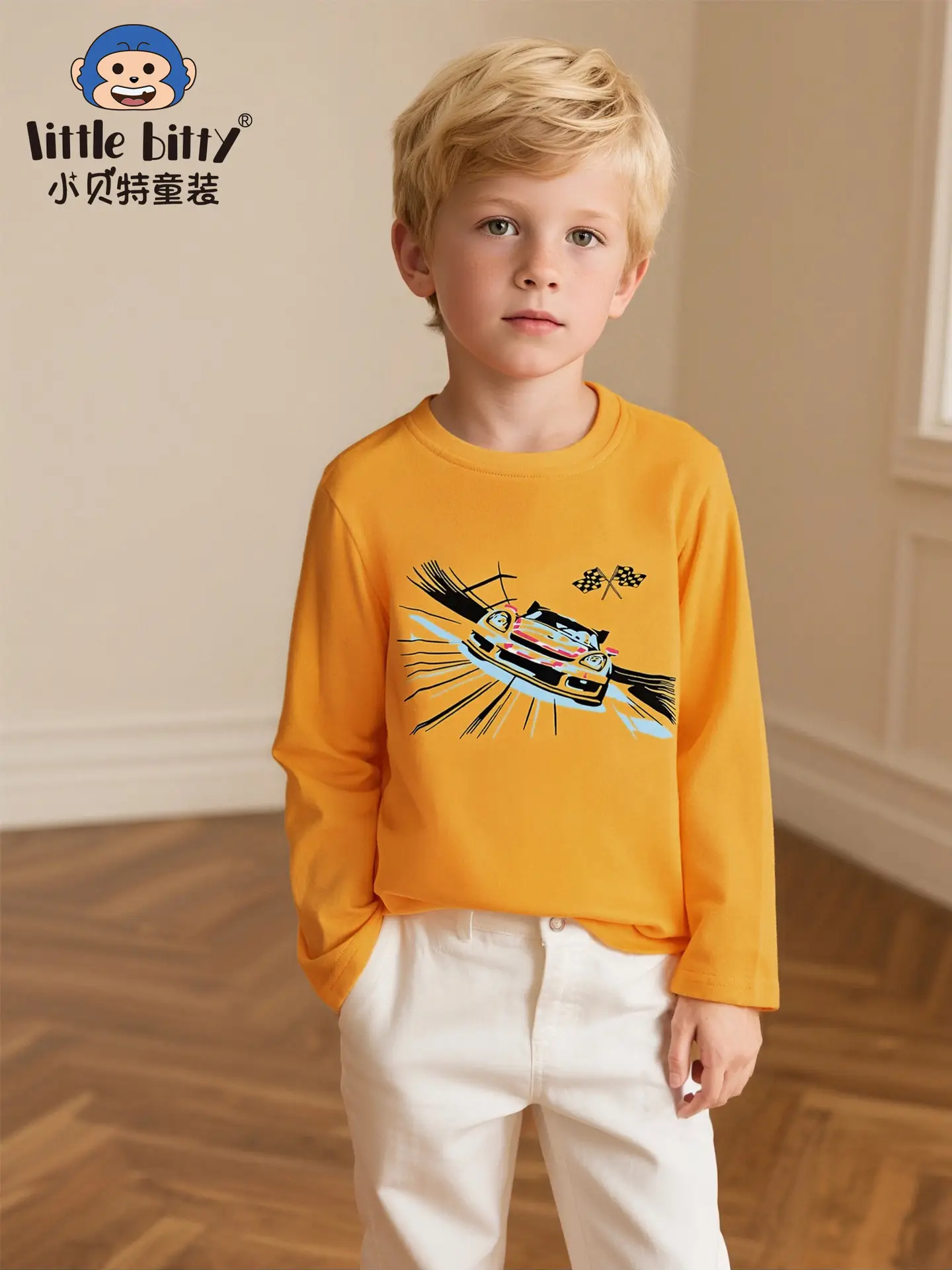 Orange Cotton T-Shirt for Boys Long Sleeve Racing Print - Image 2