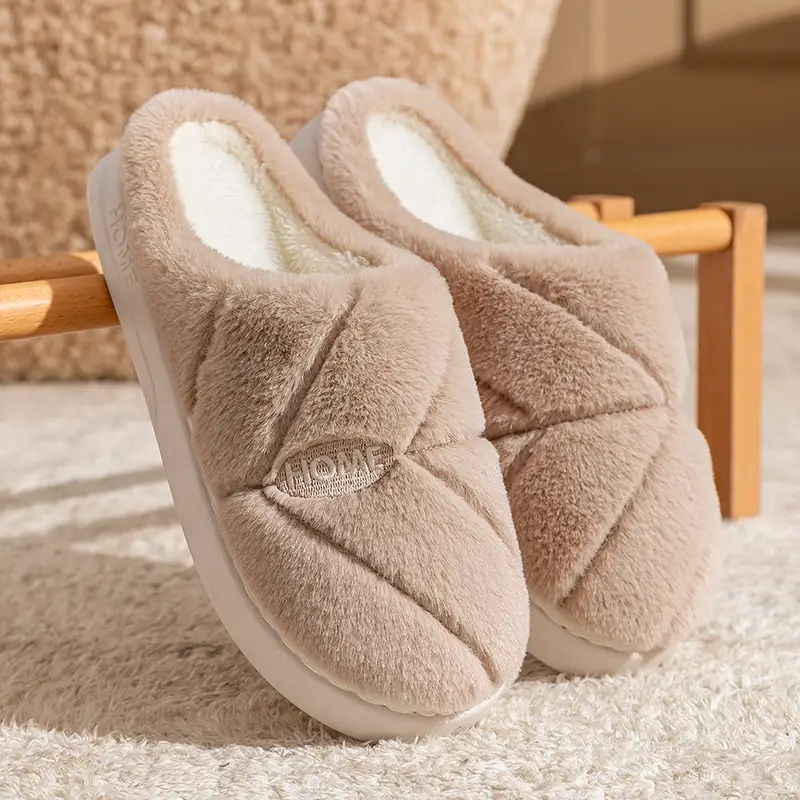New Autumn Winter Couple Furry Slippers Cotton Thick Soled - Image 2