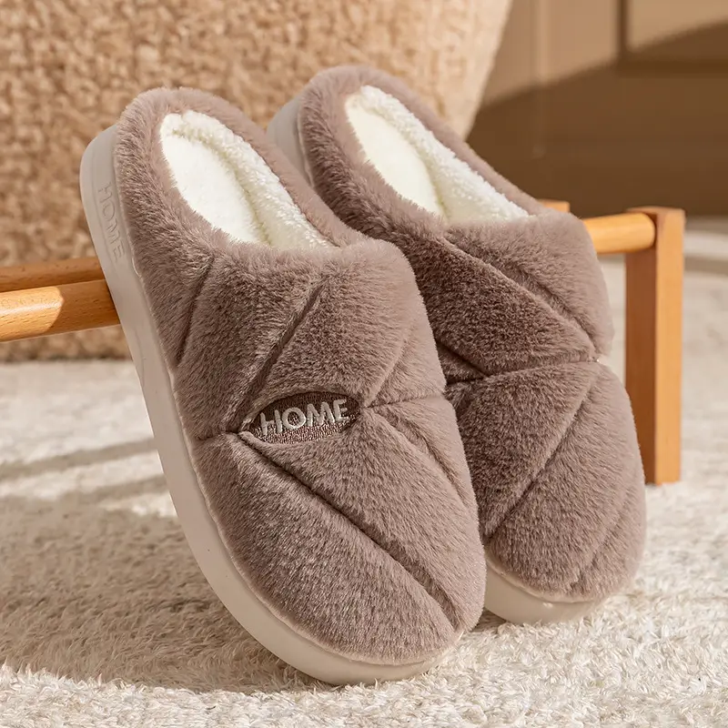 New Autumn Winter Couple Furry Slippers Cotton Thick Soled - Image 4