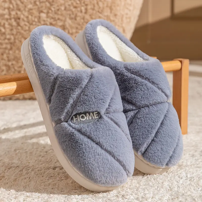 New Autumn Winter Couple Furry Slippers Cotton Thick Soled - Image 5