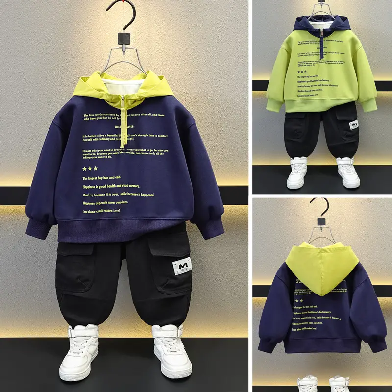 Boys Hooded Sweatshirt Set Green Blue Letter Print - Image 4