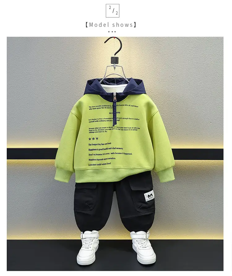 Boys Hooded Sweatshirt Set Green Blue Letter Print — feature 2