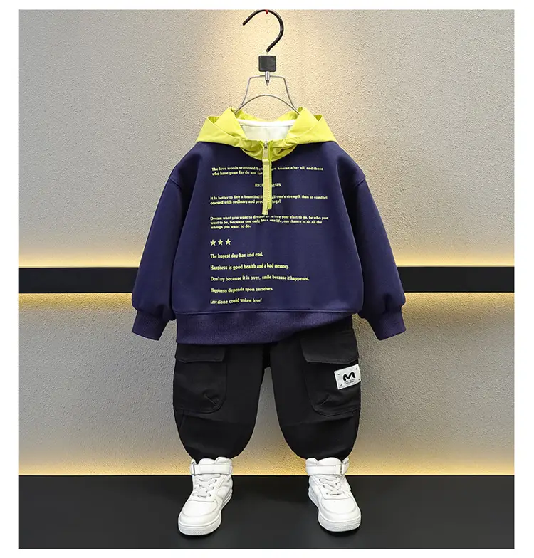 Boys Hooded Sweatshirt Set Green Blue Letter Print — feature 5
