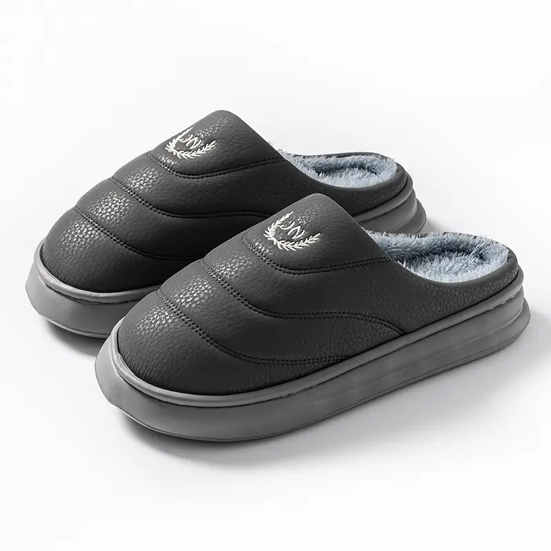 Men's Black Cotton Winter Slippers Thick Sole