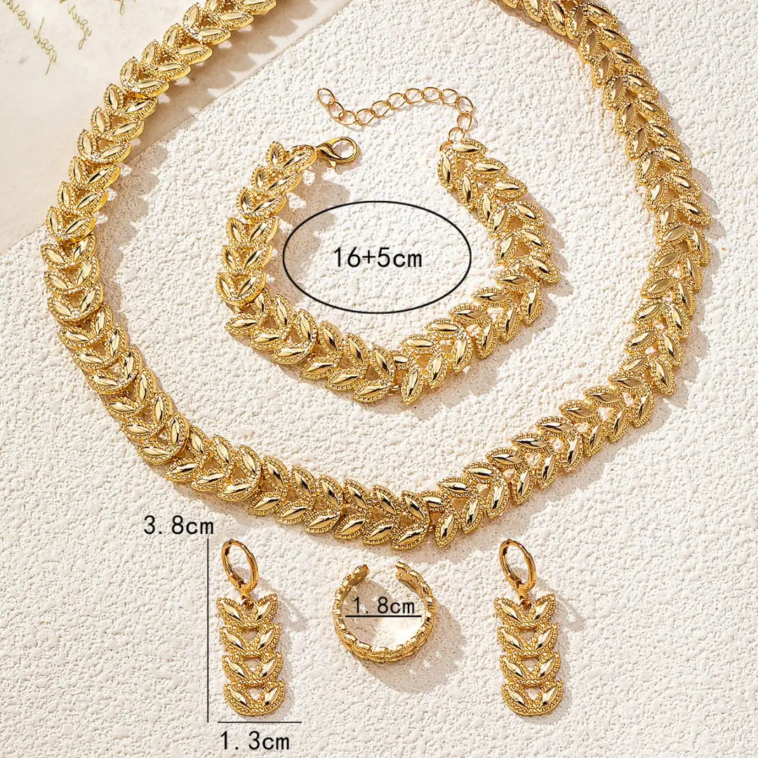 European and American Cross-Border New Fashion Trendy Willow Leaf Pattern Bracelet Necklace Earrings Simple and Exquisite Jewelry Set