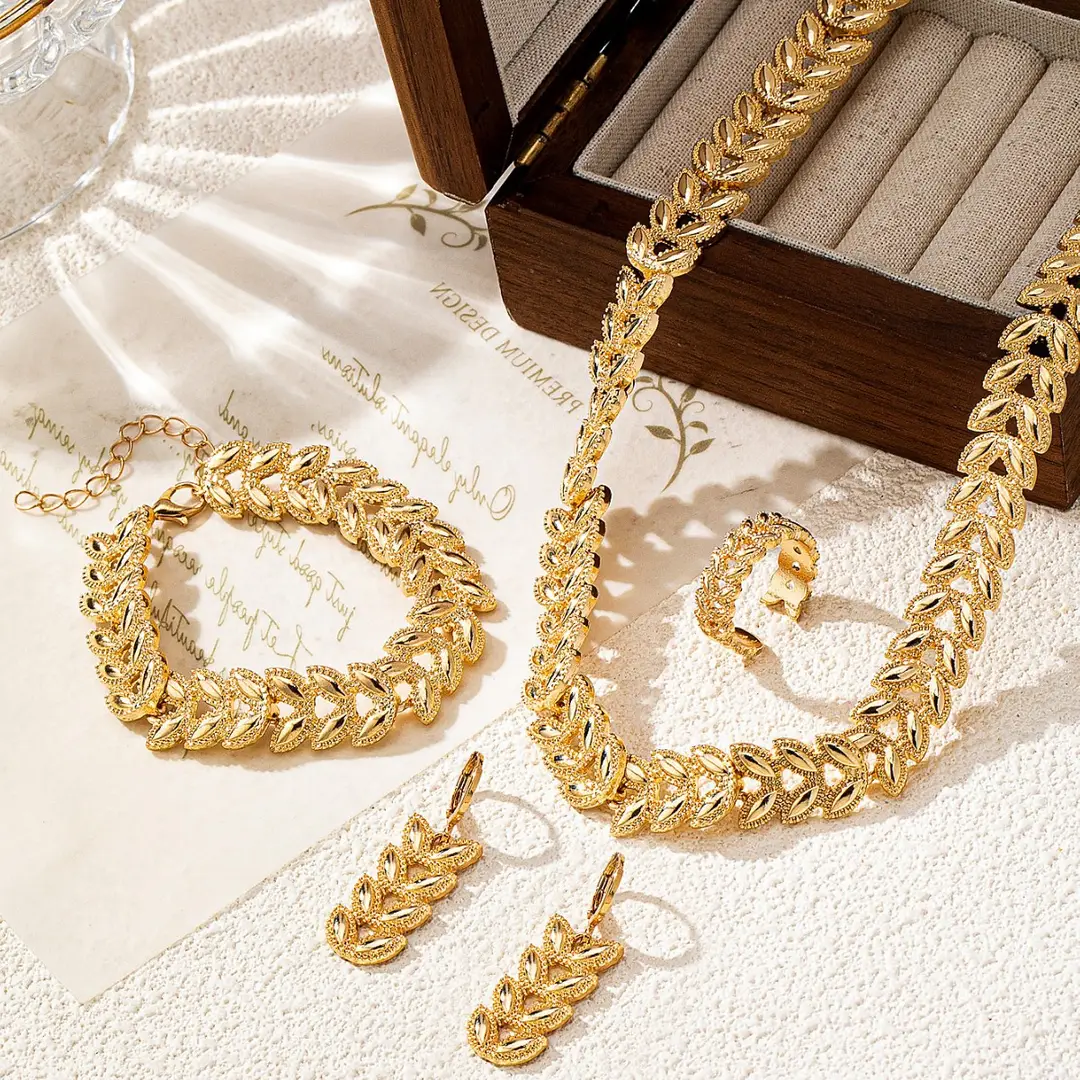 European and American Cross-Border New Fashion Trendy Willow Leaf Pattern Bracelet Necklace Earrings Simple and Exquisite Jewelry Set