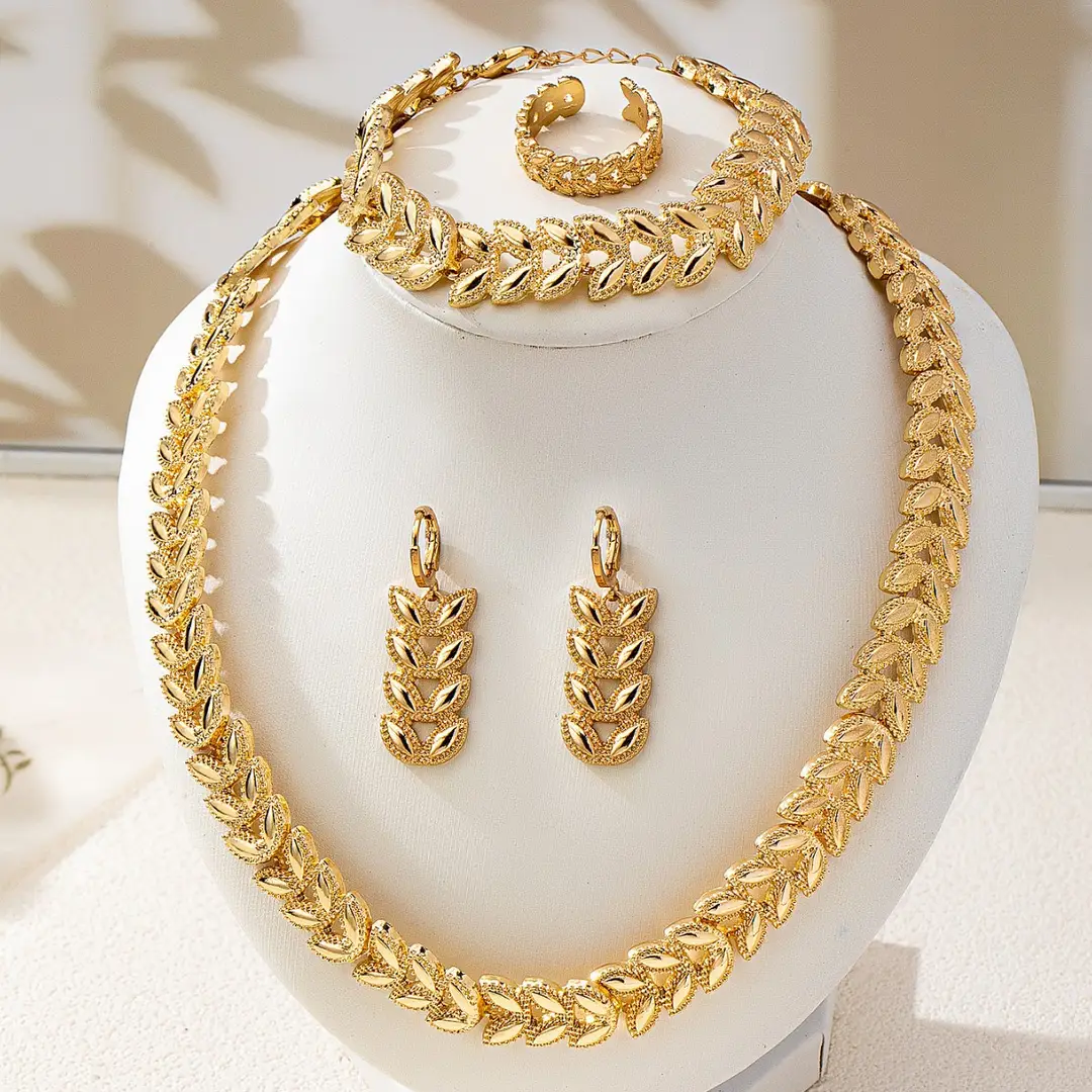 European and American Cross-Border New Fashion Trendy Willow Leaf Pattern Bracelet Necklace Earrings Simple and Exquisite Jewelry Set