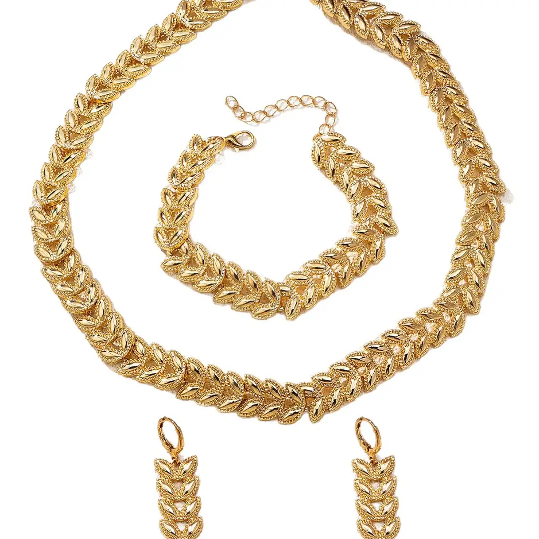 European and American Cross-Border New Fashion Trendy Willow Leaf Pattern Bracelet Necklace Earrings Simple and Exquisite Jewelry Set