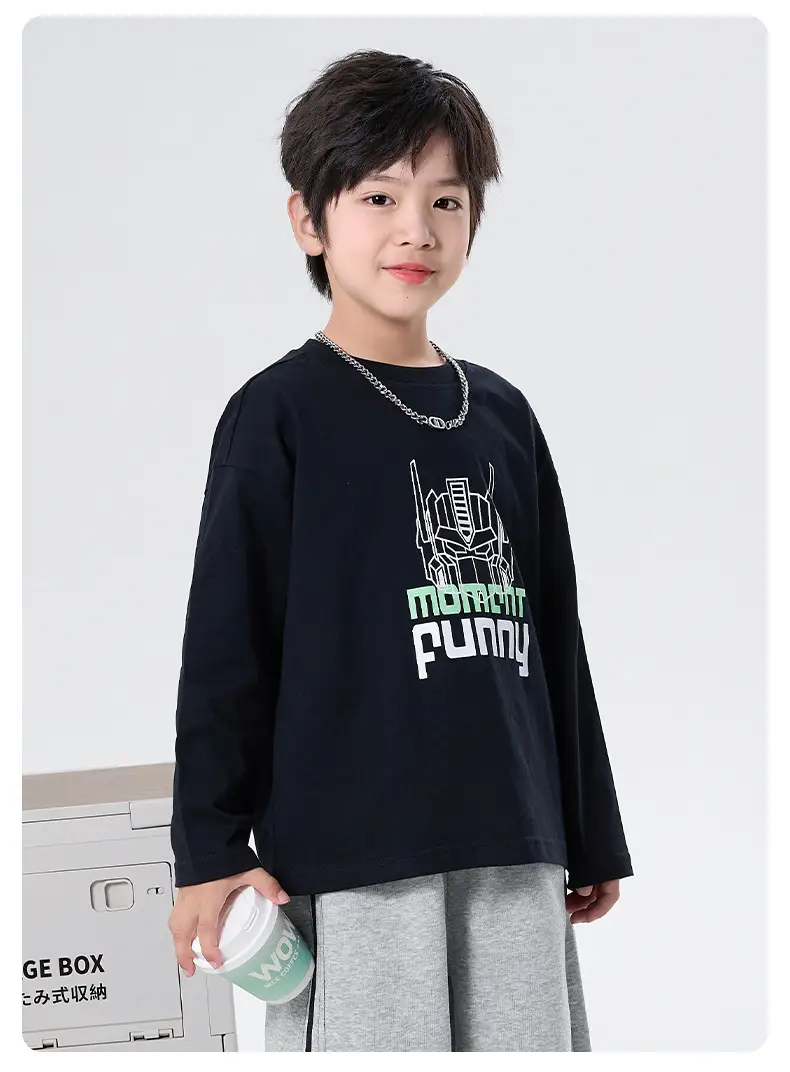 Boys Cotton Mecha Print Long Sleeve T-Shirt Black 2025 — feature 7