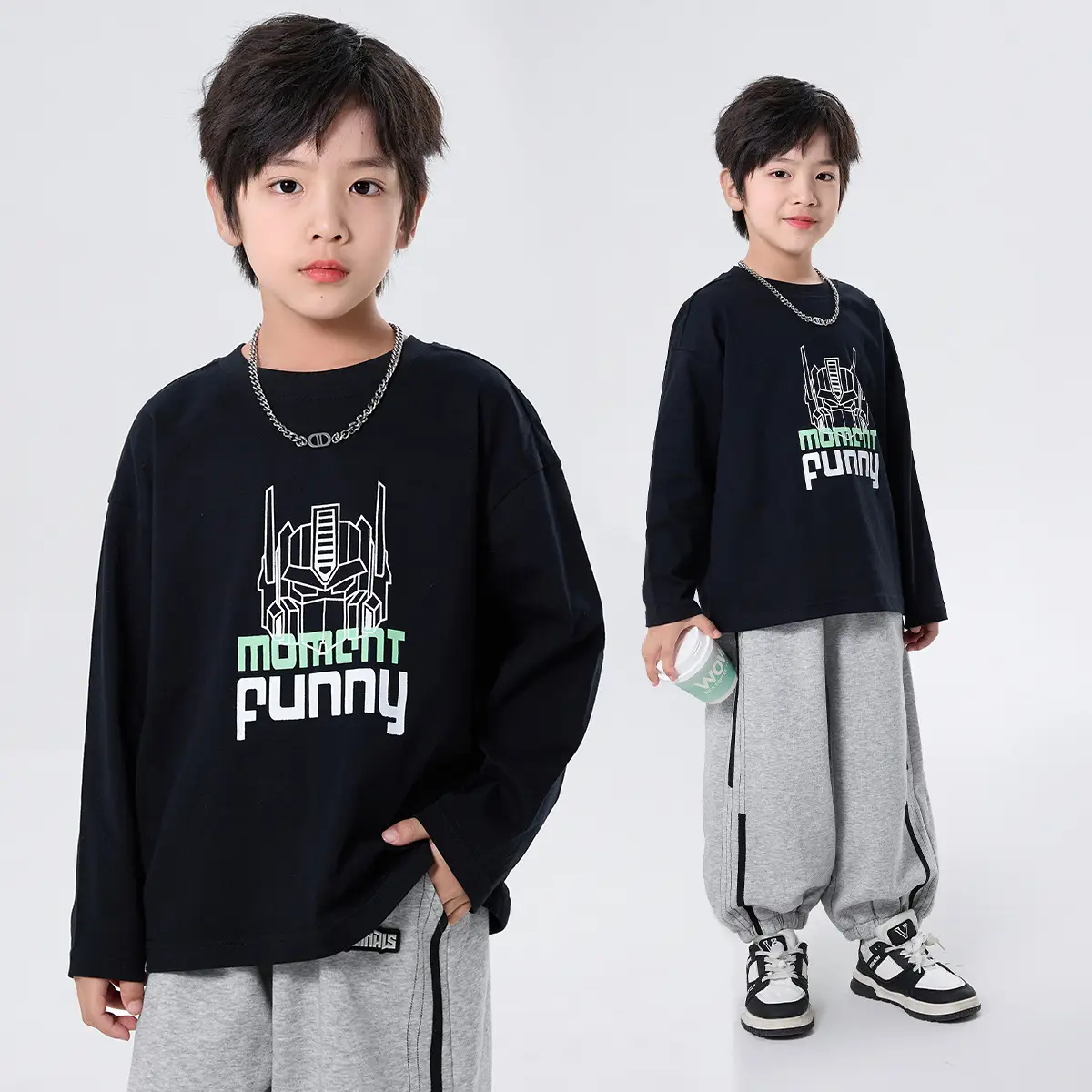 Boys Cotton Mecha Print Long Sleeve T-Shirt Black 2025 - Image 2