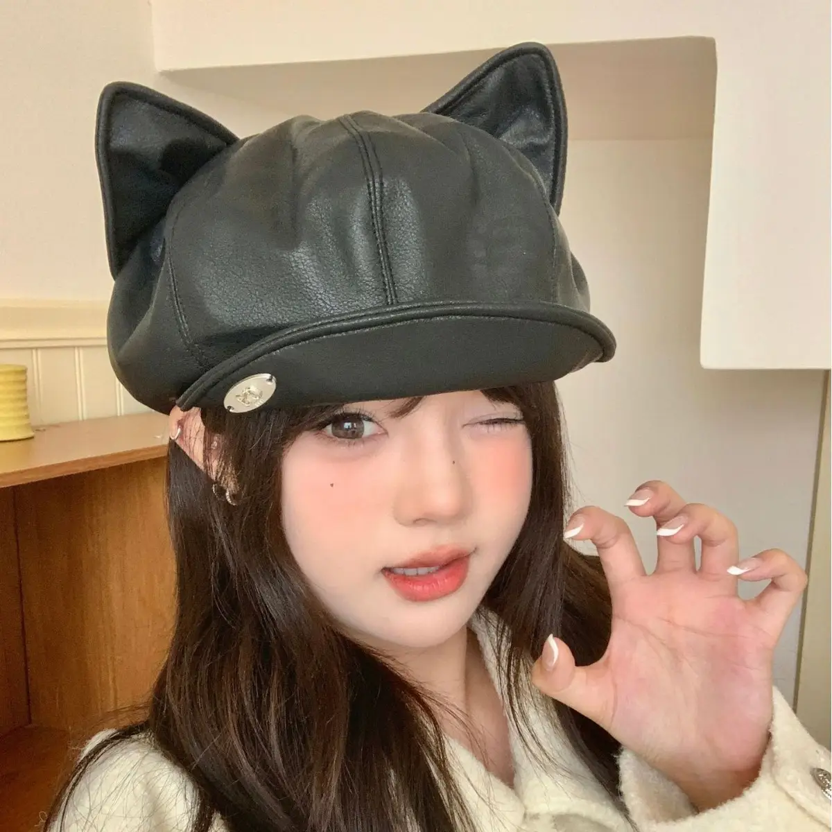 Women Cat Ears Leather Hat Spring Autumn