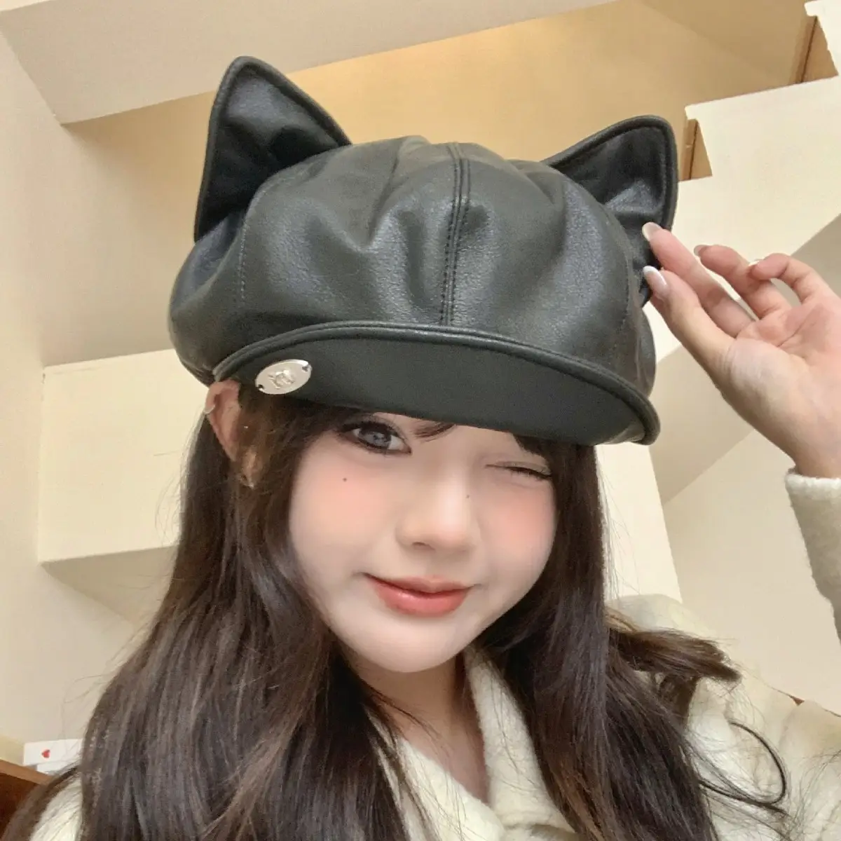 Women Cat Ears Leather Hat Spring Autumn