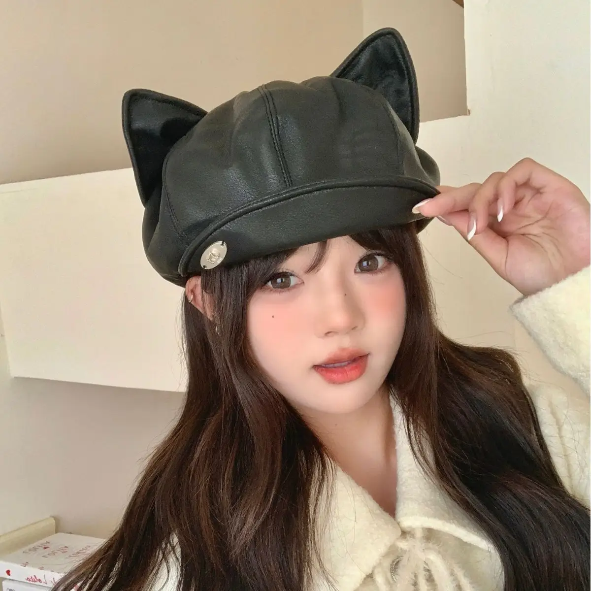 Women Cat Ears Leather Hat Spring Autumn