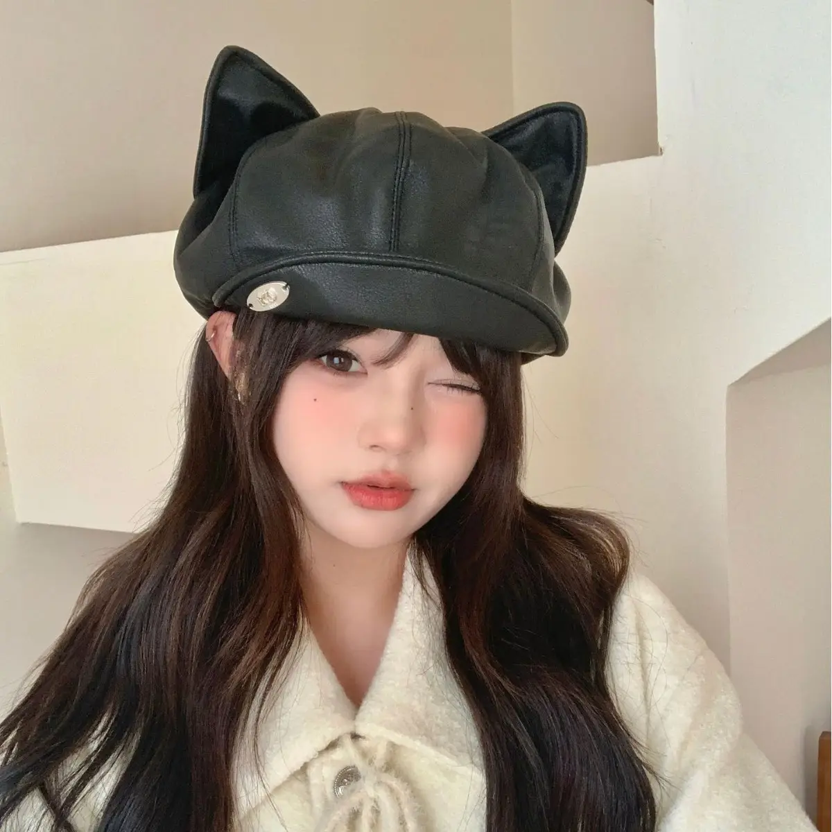 Women Cat Ears Leather Hat Spring Autumn