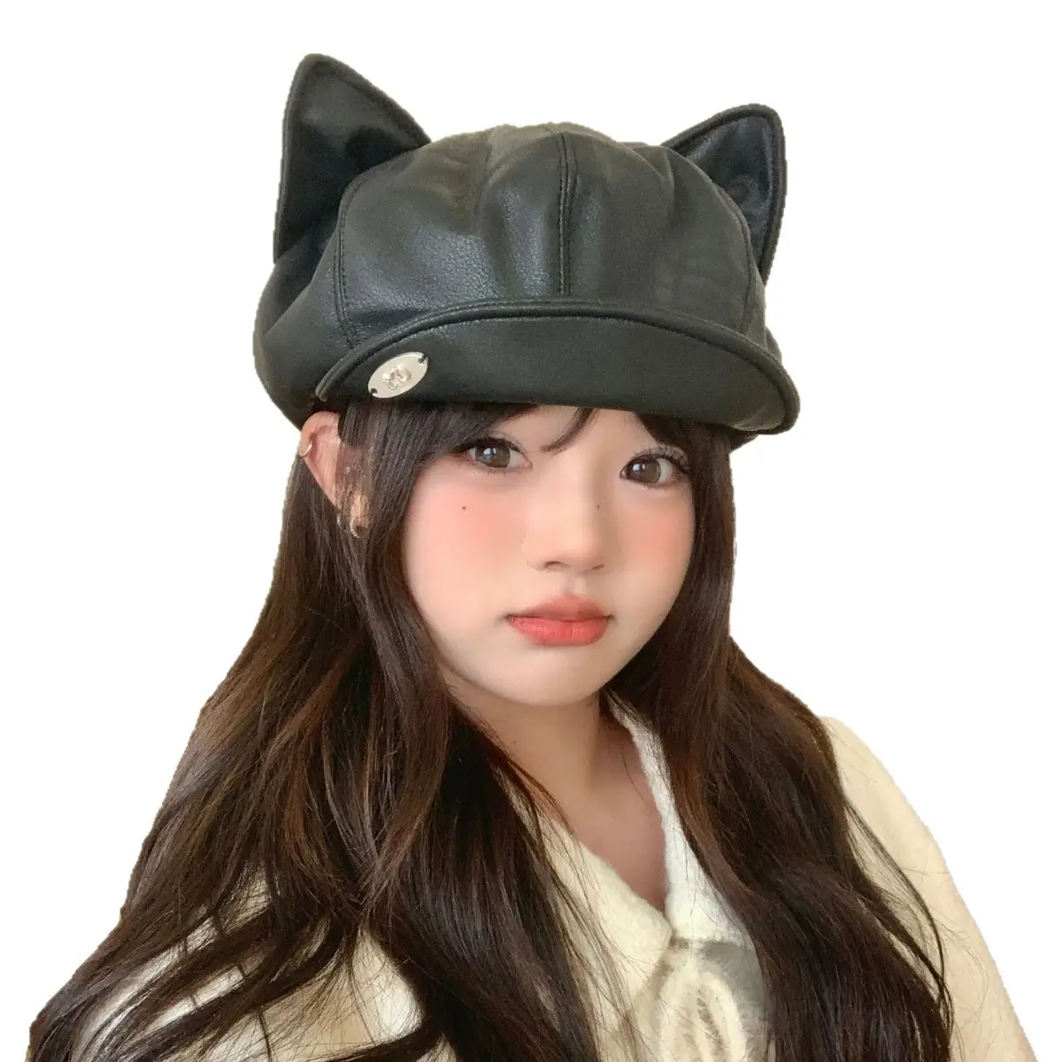 Women Cat Ears Leather Hat Spring Autumn