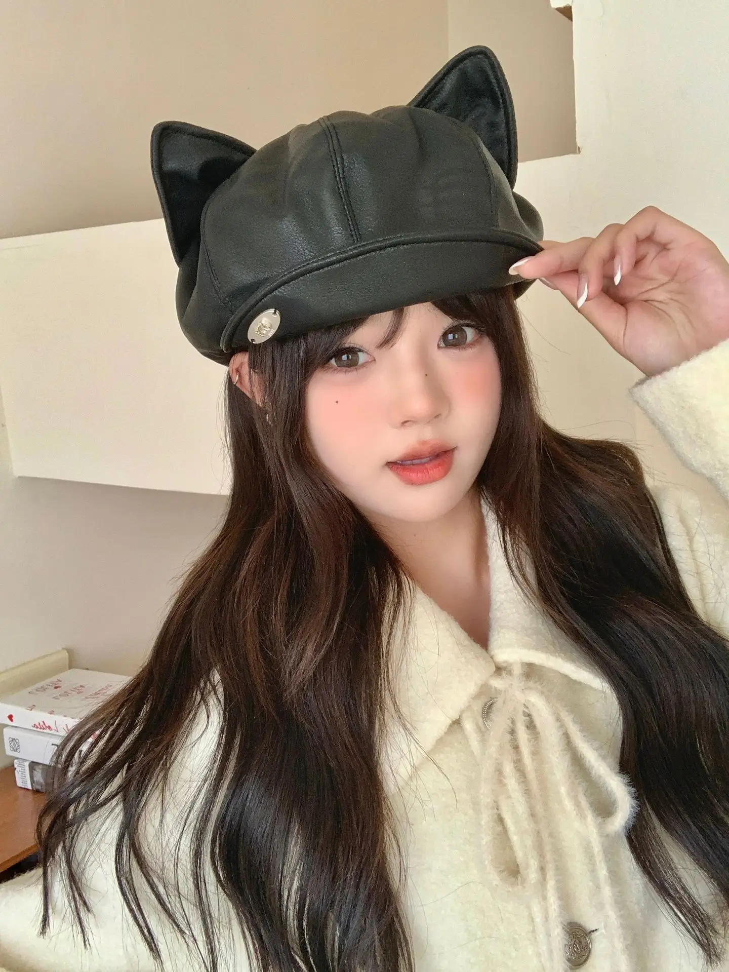 Women Cat Ears Leather Hat Spring Autumn — feature 1