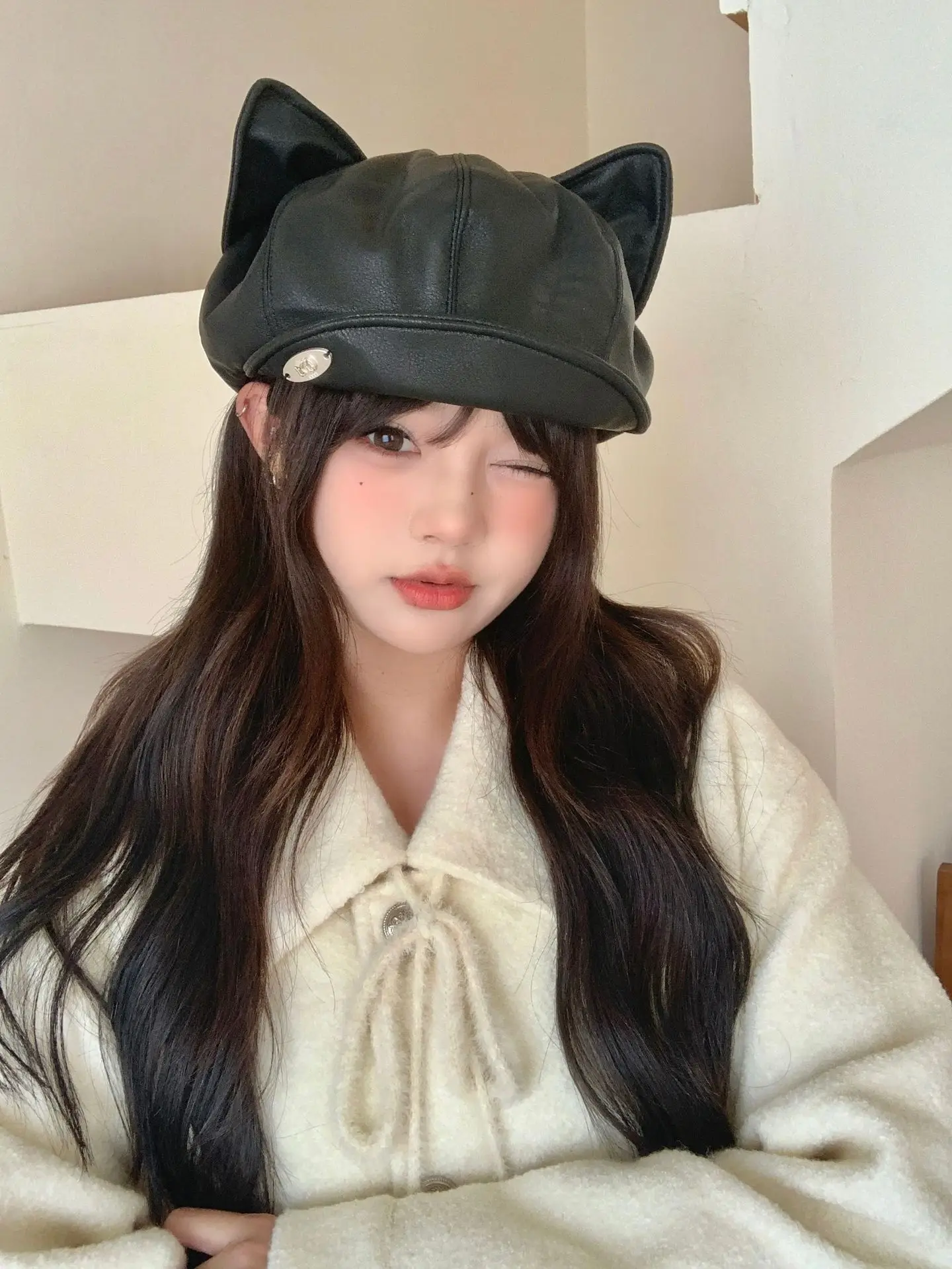 Women Cat Ears Leather Hat Spring Autumn — feature 2