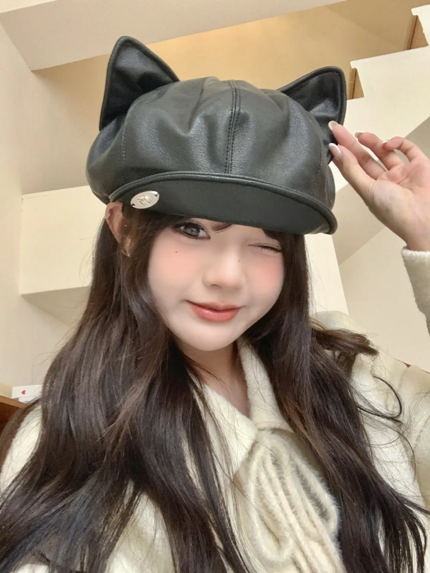 Women Cat Ears Leather Hat Spring Autumn — feature 4