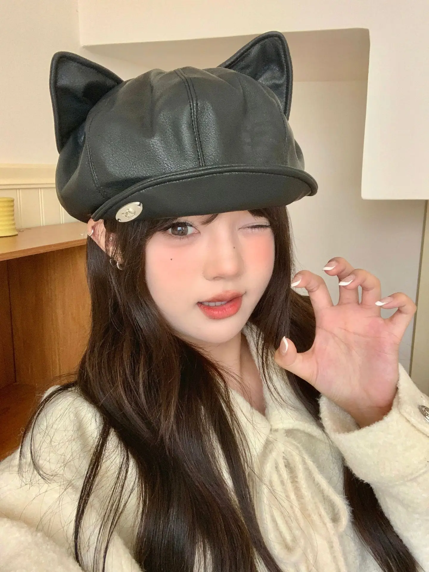 Women Cat Ears Leather Hat Spring Autumn — feature 5