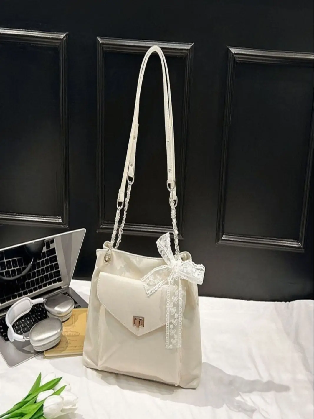 Black Bow Shoulder Tote Bag with Bow Ribbon - Image 6