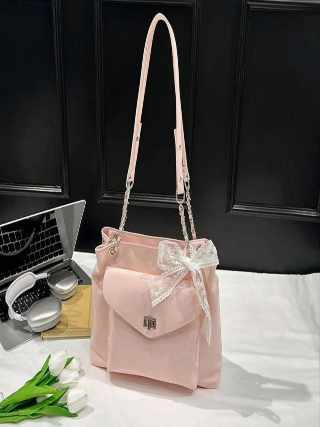 Black Bow Shoulder Tote Bag with Bow Ribbon - Image 7