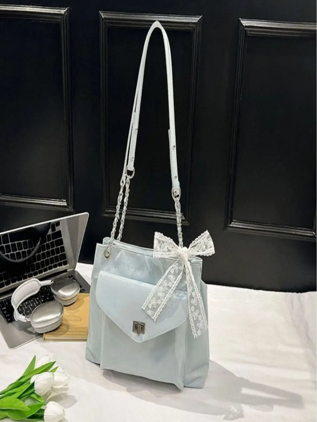 Black Bow Shoulder Tote Bag with Bow Ribbon - Image 8