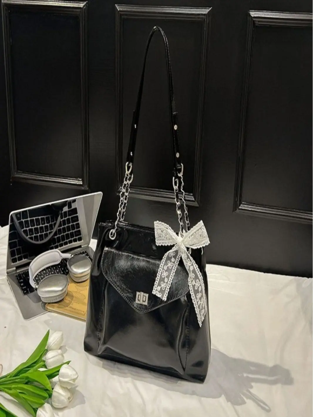 Black Bow Shoulder Tote Bag with Bow Ribbon - Image 9