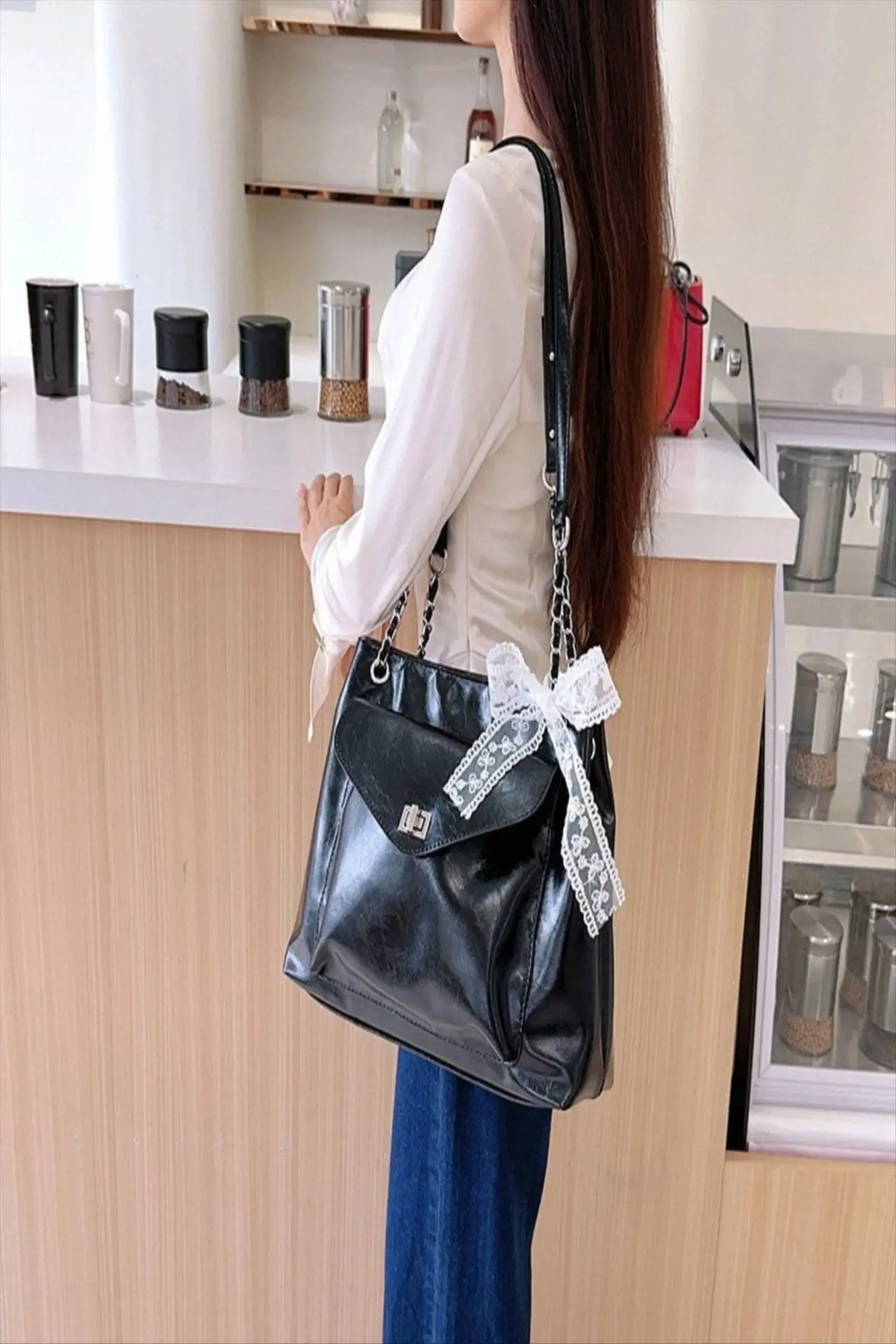 Black Bow Shoulder Tote Bag with Bow Ribbon — feature 5
