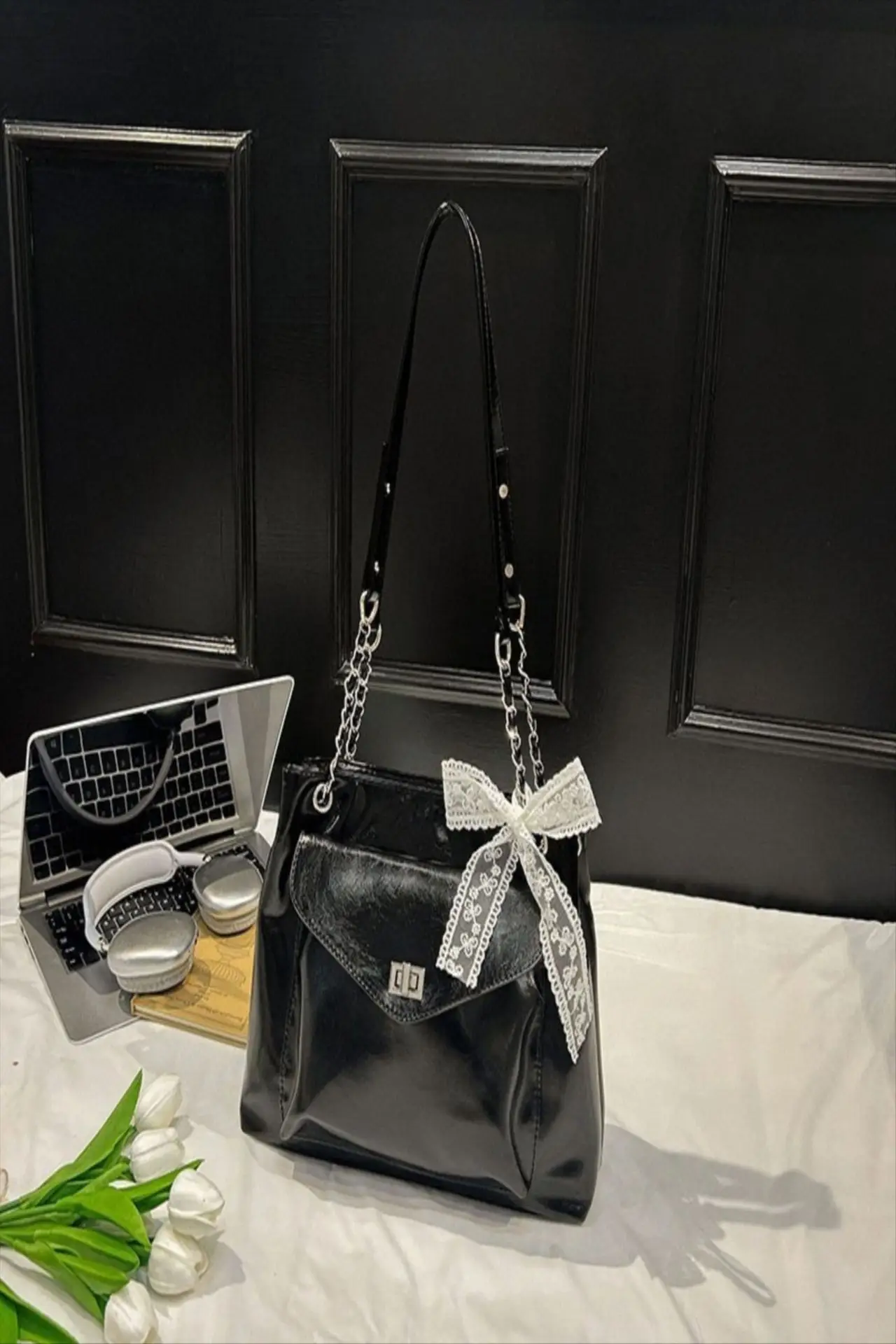 Black Bow Shoulder Tote Bag with Bow Ribbon — feature 6