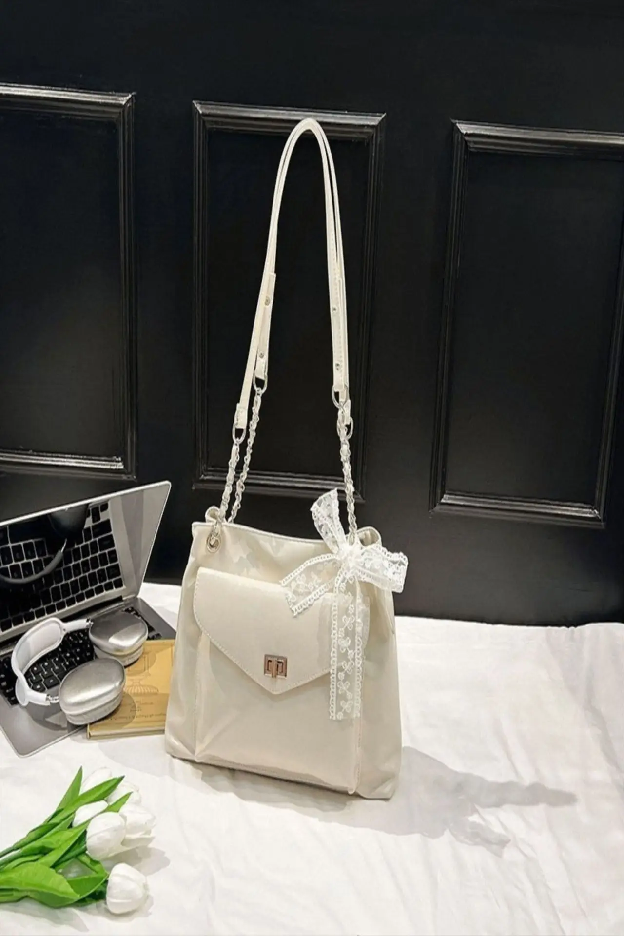 Black Bow Shoulder Tote Bag with Bow Ribbon — feature 7