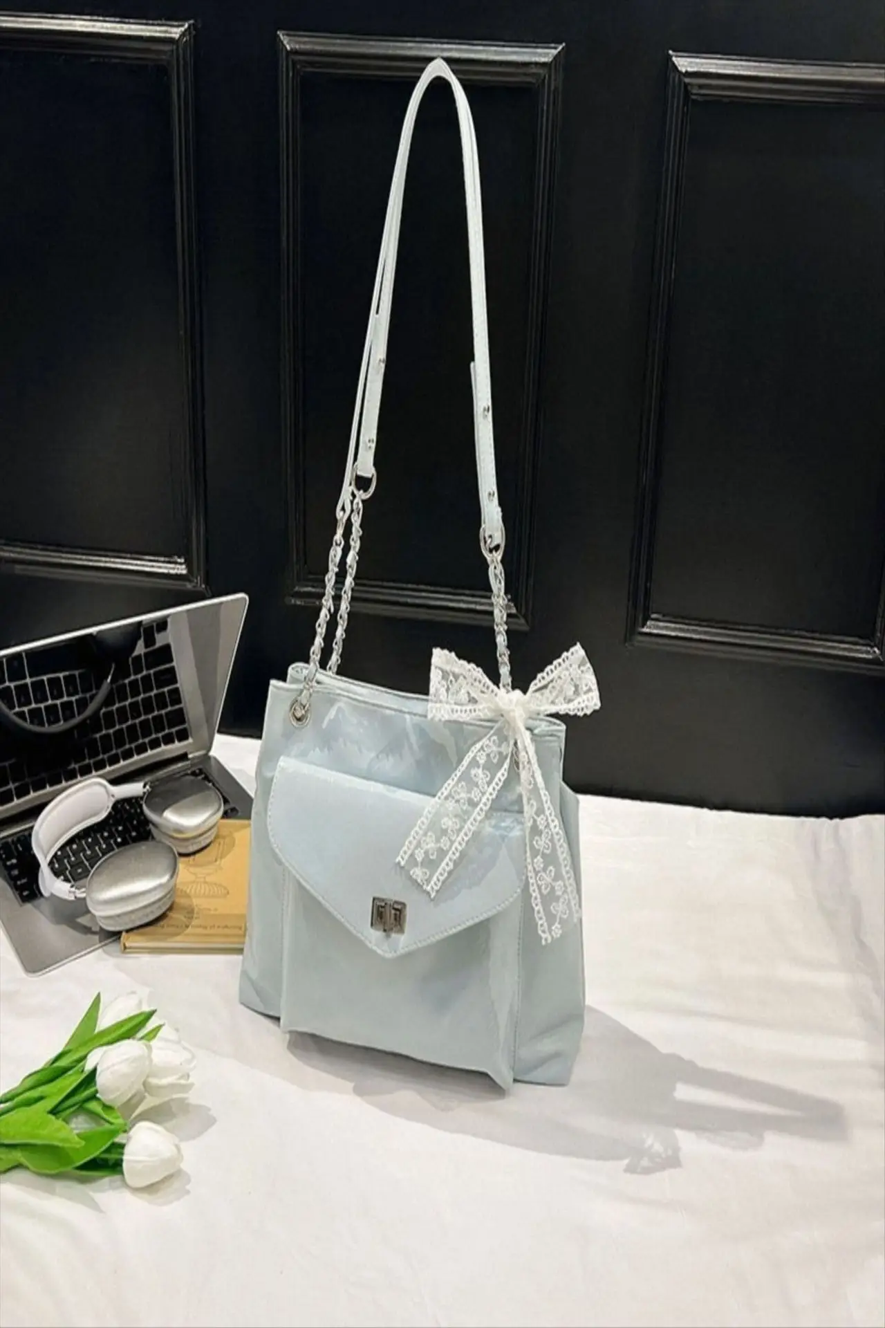Black Bow Shoulder Tote Bag with Bow Ribbon - Image 2