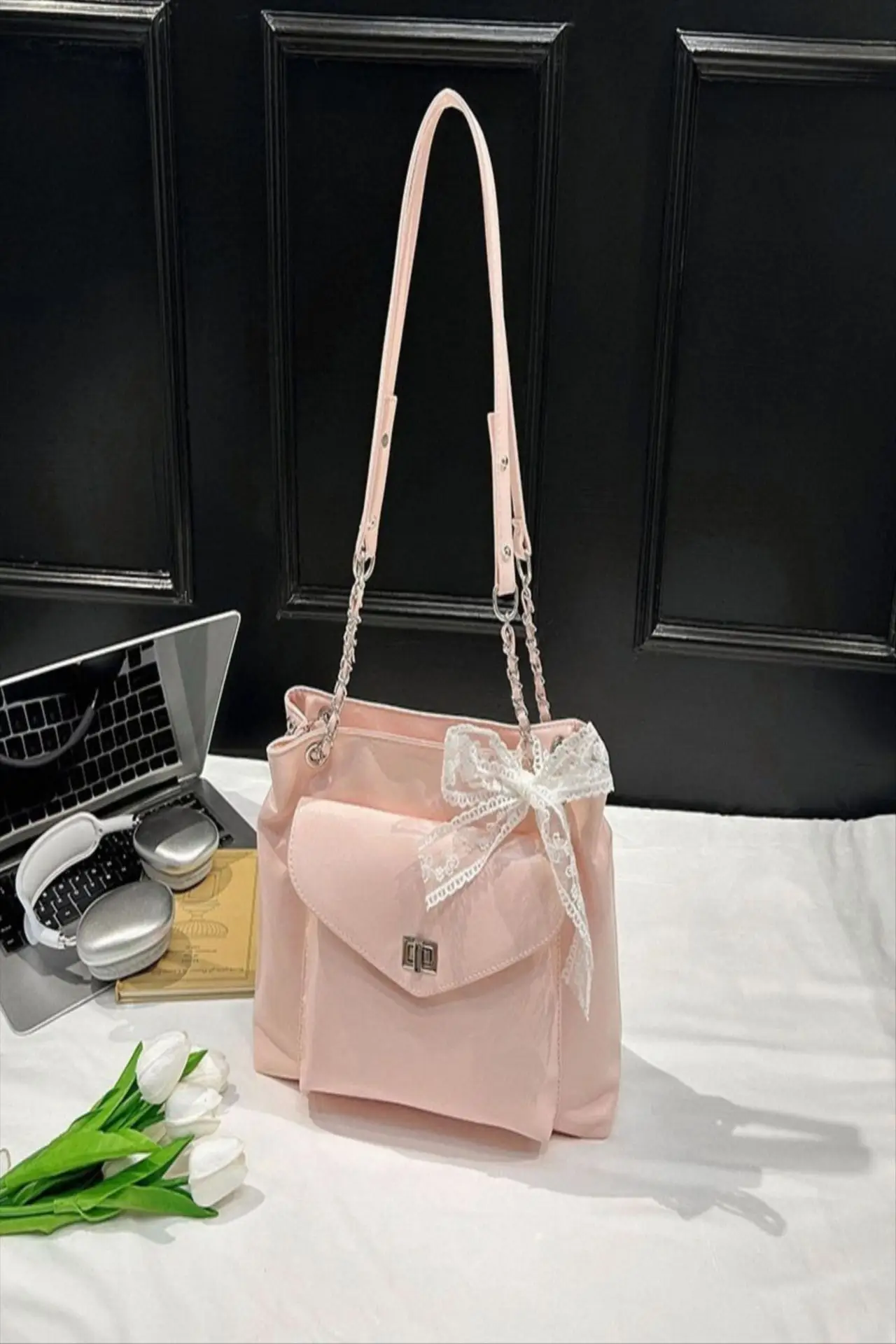Black Bow Shoulder Tote Bag with Bow Ribbon - Image 3
