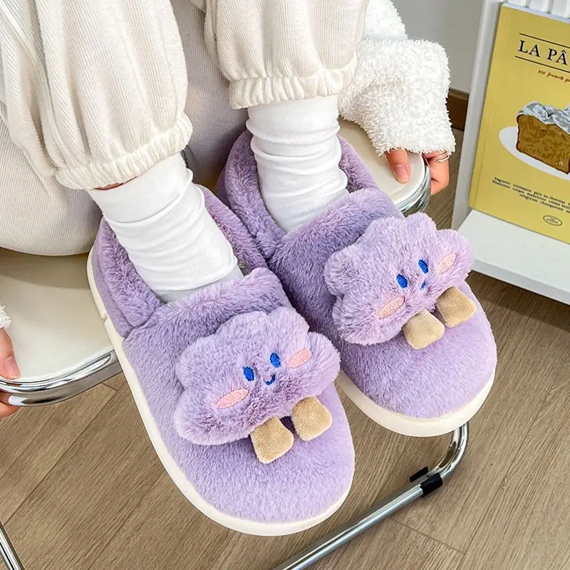 Cute Plush Cotton Slippers Women Winter Warm Indoor