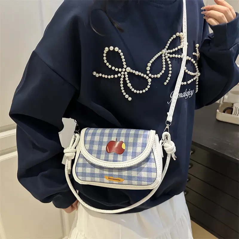 Cute Apple Design Crossbody Bag for Women Blue Checkered - Image 5