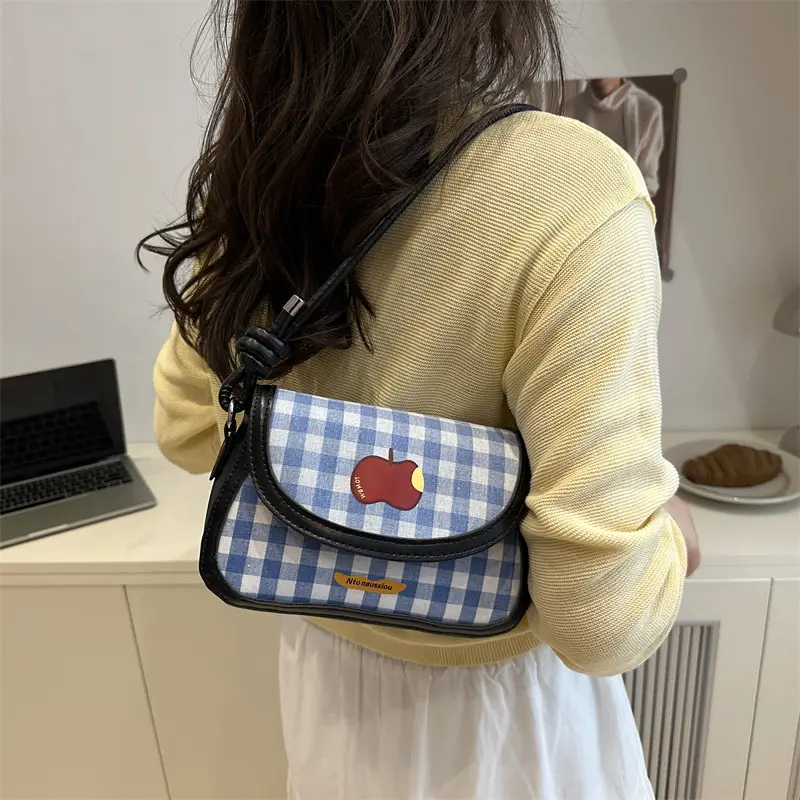 Cute Apple Design Crossbody Bag for Women Blue Checkered - Image 6
