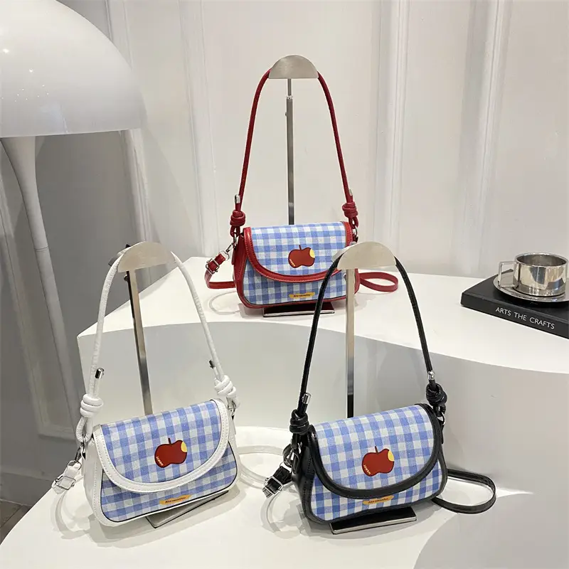 Cute Apple Design Crossbody Bag for Women Blue Checkered - Image 7
