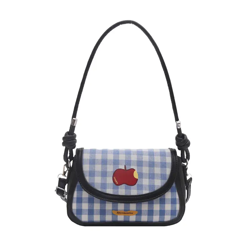 Cute Apple Design Crossbody Bag for Women Blue Checkered - Image 8