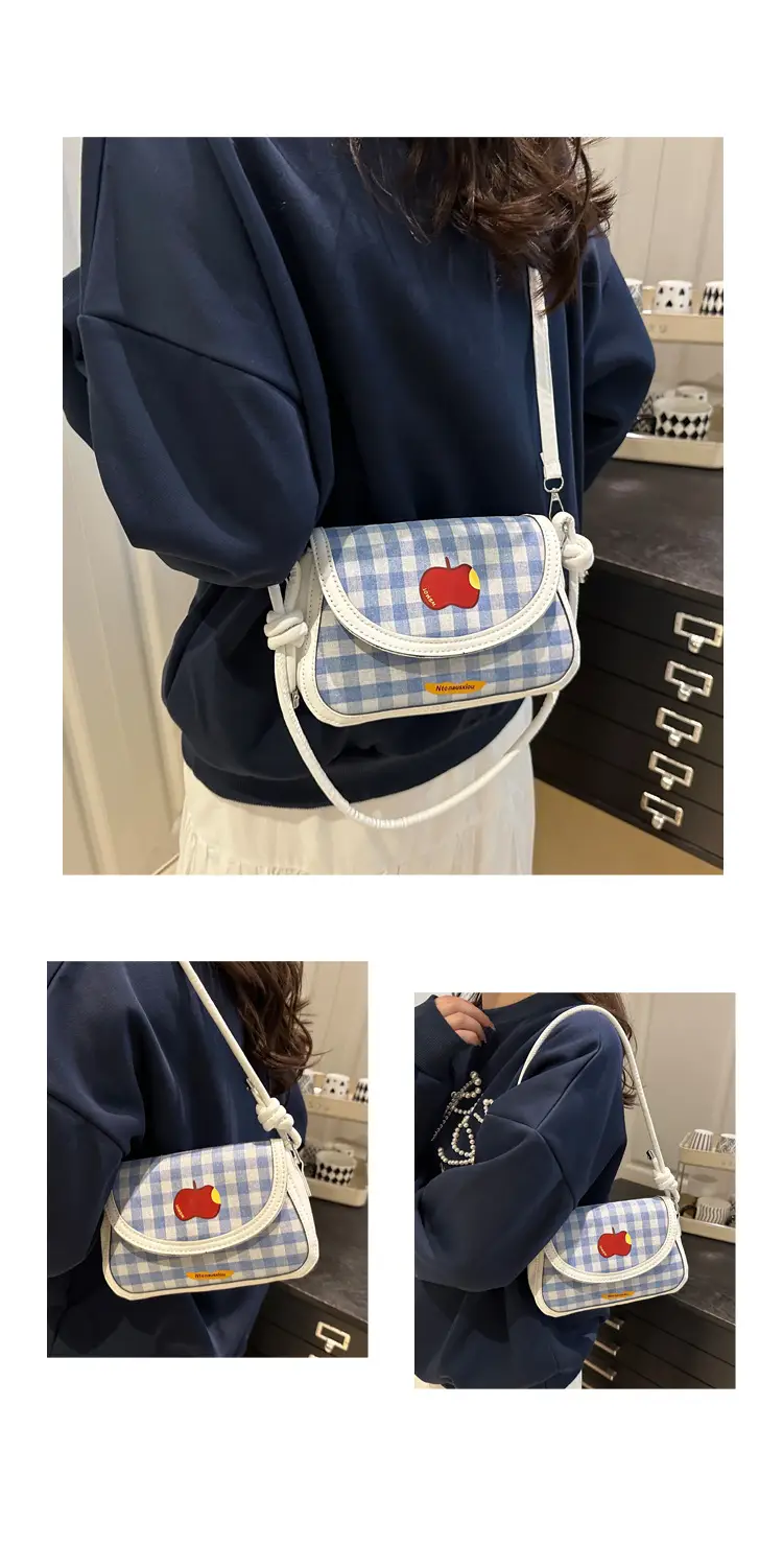 Cute Apple Design Crossbody Bag for Women Blue Checkered — feature 11