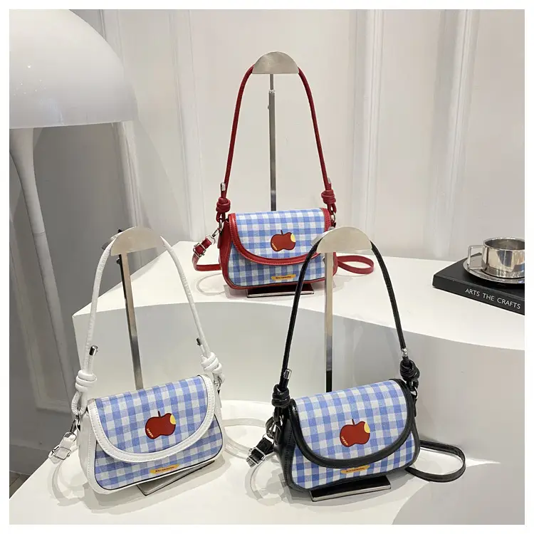 Cute Apple Design Crossbody Bag for Women Blue Checkered — feature 12