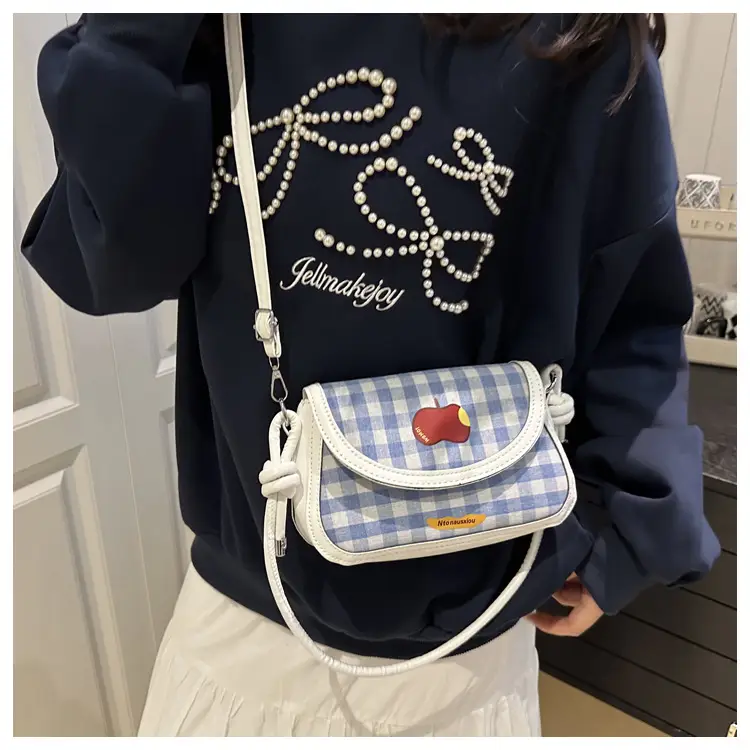 Cute Apple Design Crossbody Bag for Women Blue Checkered — feature 13