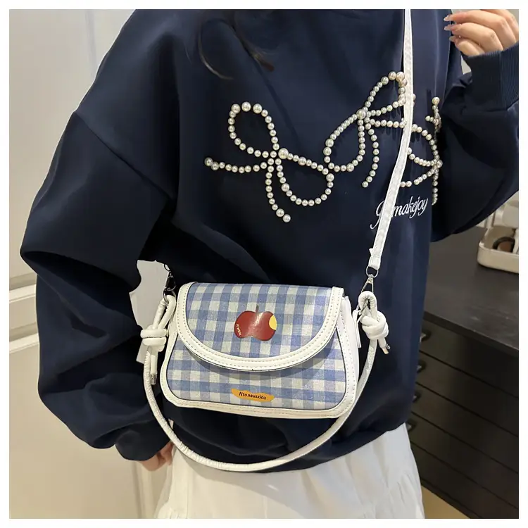 Cute Apple Design Crossbody Bag for Women Blue Checkered — feature 14